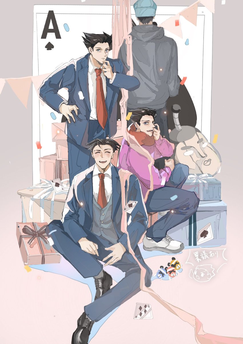 4boys ^_^ ^o^ ace_(playing_card) ace_attorney ace_of_clubs ace_of_spades apollo_justice:_ace_attorney bad_id bad_twitter_id beanie black_hair card closed_eyes club_(shape) formal_clothes from_behind gift hat highres hood hoodie male_focus multiple_boys multiple_persona phoenix_wright playing_card ribbon scarf spade_(shape) spiked_hair steel_samurai suit time_paradox turquoise_mika