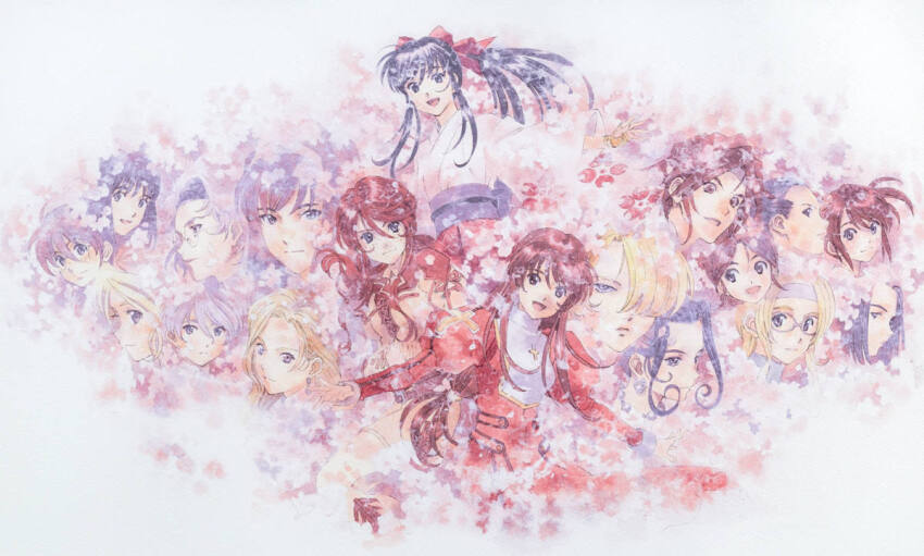 1990s_(style) 1other 6+girls androgynous bead_necklace beads belt black_eyes black_hair blonde_hair blue_eyes blue_headband boots brown_belt brown_eyes brown_footwear brown_gloves brown_hair buttons child coquelicot_(sakura_taisen) cowboy_boots cowboy_shot cowboy_western cross cross_necklace dark-skinned_female dark_skin denim denim_skirt diana_caprice dress earrings erica_fontaine everyone fingerless_gloves floral_background floral_print floral_print_kimono fringe_trim gemini_sunrise glass gloves glycine_bleumer green_eyes grey_eyes grey_hair group_picture hair_over_one_eye hair_ribbon hairband hakama hakama_skirt half_updo happy head_only headband iris_chateaubriand japanese_clothes jewelry juliet_sleeves kanzaki_sumire kimono kirishima_kanna kitaooji_hanabi kujou_subaru lobelia_carlini long_sleeves looking_at_viewer maria_tachibana matsubara_hidenori miniskirt multiple_girls necklace nose official_art open_mouth parted_bangs parted_lips pink_kimono pink_sleeves ponytail print_kimono puffy_sleeves purple_eyes purple_hair purple_sash red_dress red_hair red_hakama red_ribbon red_sleeves reni_milchstrasse retro_artstyle ri_kouran ribbon rikaritta_aries round_eyewear sagitta_weinberg sakura_taisen sakura_taisen_ii sakura_taisen_iii sakura_taisen_v sash sega shinguuji_sakura short_hair short_sleeves sidelocks simple_background skirt soletta_orihime straight_hair thigh_strap third-party_source updo wavy_hair white_background white_hair white_hairband white_headband wide_sleeves