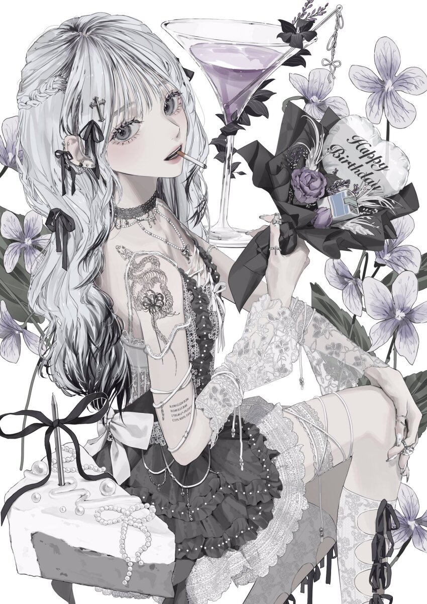 1girl arm_tattoo bouquet bow cake cake_slice cigarette cocktail cocktail_glass copyright_request cross_hair_ornament cup drinking_glass ear_piercing flower food gothic_lolita grey_eyes grey_flower hair_bow hair_ornament happy_birthday highres holding holding_bouquet jewelry kirochy lolita_fashion long_hair looking_at_viewer multiple_hair_bows necklace pearl_necklace piercing ring see-through_clothes see-through_sleeves simple_background tattoo white_background white_hair white_nails
