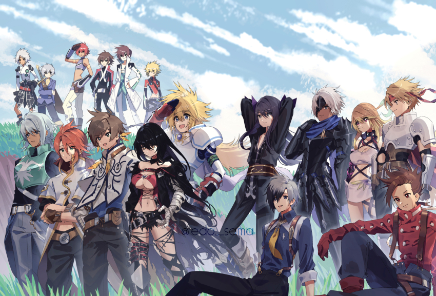 2girls 6+boys ahoge alphen_(tales) armor arms_behind_head asbel_lhant bandaged_arm bandages black_choker black_eyes black_hair blonde_hair blue_eyes blue_hair boots braid breasts brown_eyes brown_hair cape choker cleavage coat collarbone cress_albane crossed_arms dark-skinned_male dark_skin earrings edo-sama everyone feather_earrings feathers fingerless_gloves full_body gloves gradient_hair green_eyes green_hair group_picture hair_between_eyes hands_on_own_hips headband highres jacket jewelry knee_boots kor_meteor kyle_dunamis lloyd_irving long_hair ludger_will_kresnik luke_fon_fabre mask medium_breasts midriff milla_maxwell multicolored_hair multiple_boys multiple_girls navel necktie on_grass one_eye_covered open_mouth outdoors pants red_cape red_eyes red_hair red_shirt reid_hershel ruca_milda senel_coolidge shading_eyes shirt short_hair shoulder_armor sidelocks sitting skirt smile sorey_(tales) spiked_hair stahn_aileron sword tales_of_(series) tales_of_arise tales_of_berseria tales_of_destiny tales_of_destiny_2 tales_of_eternia tales_of_graces tales_of_hearts tales_of_innocence tales_of_legendia tales_of_phantasia tales_of_rebirth tales_of_symphonia tales_of_the_abyss tales_of_vesperia tales_of_xillia tales_of_xillia_2 tales_of_zestiria torn_clothes twitter_username two-tone_hair underboob veigue_lungberg velvet_crowe very_long_hair weapon white_hair yellow_eyes yuri_lowell