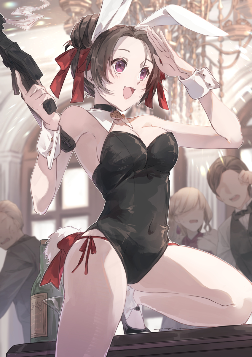 2boys 2girls :d absurdres animal_ears bare_legs black_footwear black_leotard blush bow breasts brown_hair character_request cleavage collarbone covered_navel detached_collar fake_animal_ears gun hair_bow hair_bun highres holding holding_gun holding_weapon indoors leotard medium_breasts multiple_boys multiple_girls on_one_knee open_mouth playboy_bunny rabbit_ears red_bow red_eyes red_ribbon ribbon short_hair smile solo_focus strapless strapless_leotard weapon wrist_cuffs yama_ta_yomogi