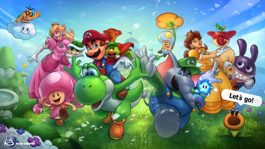 4boys 4girls ?_block blonde_hair blue_eyes brooch brown_hair cape crown dress earrings elephant_fruit elephant_luigi facial_hair flower_earrings green_shell_(mario) grin hat jewelry koopa_shell lakitu long_hair looking_at_another looking_at_viewer luigi lukart96 mario mario_(series) multiple_boys multiple_girls mustache nabbit nintendo orange_dress overalls power-up prince_florian princess_daisy princess_peach propeller_flower puffy_short_sleeves puffy_sleeves riding running short_sleeves smile super_mario_bros._wonder talking_flower_(mario) toad_(mario) toadette tomboy wonder_flower yoshi