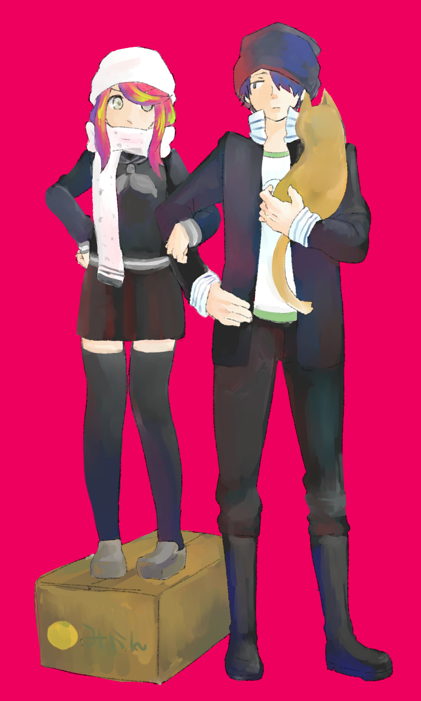 10s 1boy 1girl :/ :| animal bad_id bad_pixiv_id ban_airi beanie black_hair box closed_mouth devil_survivor_(series) devil_survivor_2 full_body hat height_difference highres jacket locked_arms mikan_box minoru_(konbini-bukuro) on_box red_background red_hair scarf short_hair sideways_glance skirt standing thighhighs torii_jungo