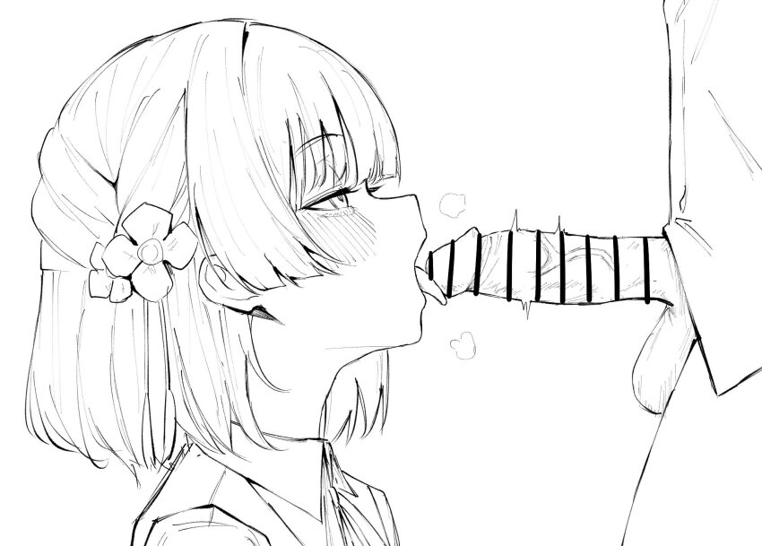 1boy 1girl bar_censor blunt_bangs blush censored close-up collared_shirt commentary_request dera_self erection fellatio flower from_side gakuen_idolmaster hair_flower hair_ornament half-closed_eyes hataya_misuzu hetero highres idolmaster open_mouth oral penis shirt short_hair simple_background solo_focus testicles tongue tongue_out twitching_penis veins veiny_penis white_background