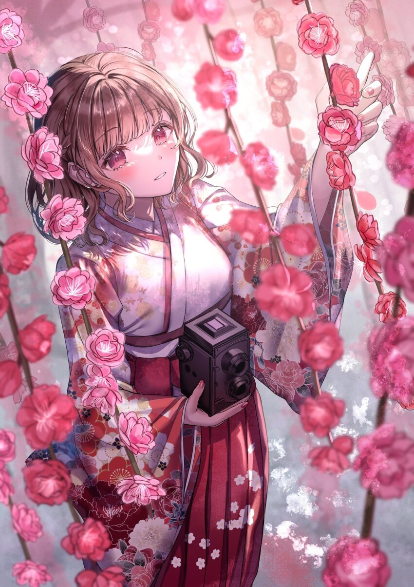 1girl blurry blurry_foreground blush breasts brown_hair camera closed_mouth commentary_request floral_print floral_print_kimono flower hakama hakama_skirt highres holding holding_camera japanese_clothes kimono long_sleeves looking_at_viewer medium_breasts medium_hair original pink_eyes pink_flower pink_nails plum_blossoms print_kimono red_skirt sakura_(39ra) skirt smile solo standing twin-lens_reflex_camera white_kimono wide_sleeves