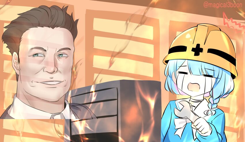 1boy 1girl arona_(blue_archive) blue_archive blue_hair blue_shirt braid closed_eyes colored_inner_hair crying elon_musk fire grin halo hard_hat helmet highres holding holding_wrench long_sleeves multicolored_hair open_mouth pink_hair real_life red_halo server shirt smile streaming_tears tears threeboon wrench yellow_helmet