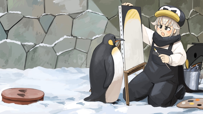 1girl :o absurdres bird black_footwear black_overalls black_scarf boots bucket canvas_(object) commentary diva_(hyxpk) donut_stamp duck english_commentary fish footprints grey_hair hat highres holding holding_paintbrush king_penguin manhole_cover overalls paintbrush painting_(action) painting_(object) paint_palette penguin penguin_hat penguin_keeper_(diva) rubber_boots scarf shirt slice_of_life snow white_shirt zoo zookeeper zookeepers_(diva)