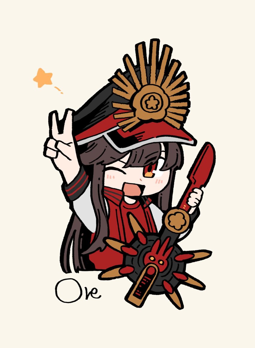 1girl artist_name black_hair goma1021 guitar hair_between_eyes hat highres holding holding_instrument instrument jacket long_hair looking_at_viewer oda_nobunaga_(swimsuit_berserker)_(first_ascension)_(fate) oda_uri one_eye_closed open_clothes open_jacket open_mouth peaked_cap red_eyes red_shirt shirt simple_background smile solo star_(symbol) v white_background