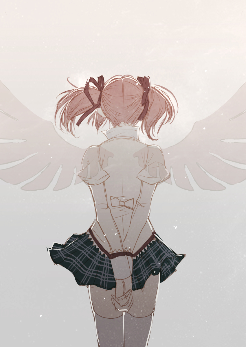 1girl absurdres arms_behind_back back_bow beige_background beige_bow black_skirt bow facing_away feet_out_of_frame floating_hair from_behind hair_ribbon high_collar highres juliet_sleeves kaname_madoka legs_together long_sleeves mahou_shoujo_madoka_magica mahou_shoujo_madoka_magica_(anime) misteor mitakihara_school_uniform pink_hair plaid_clothes plaid_skirt pleated_skirt puffy_sleeves red_ribbon ribbon school_uniform simple_background skirt solo thighhighs transparent_wings twintails white_thighhighs wings zettai_ryouiki