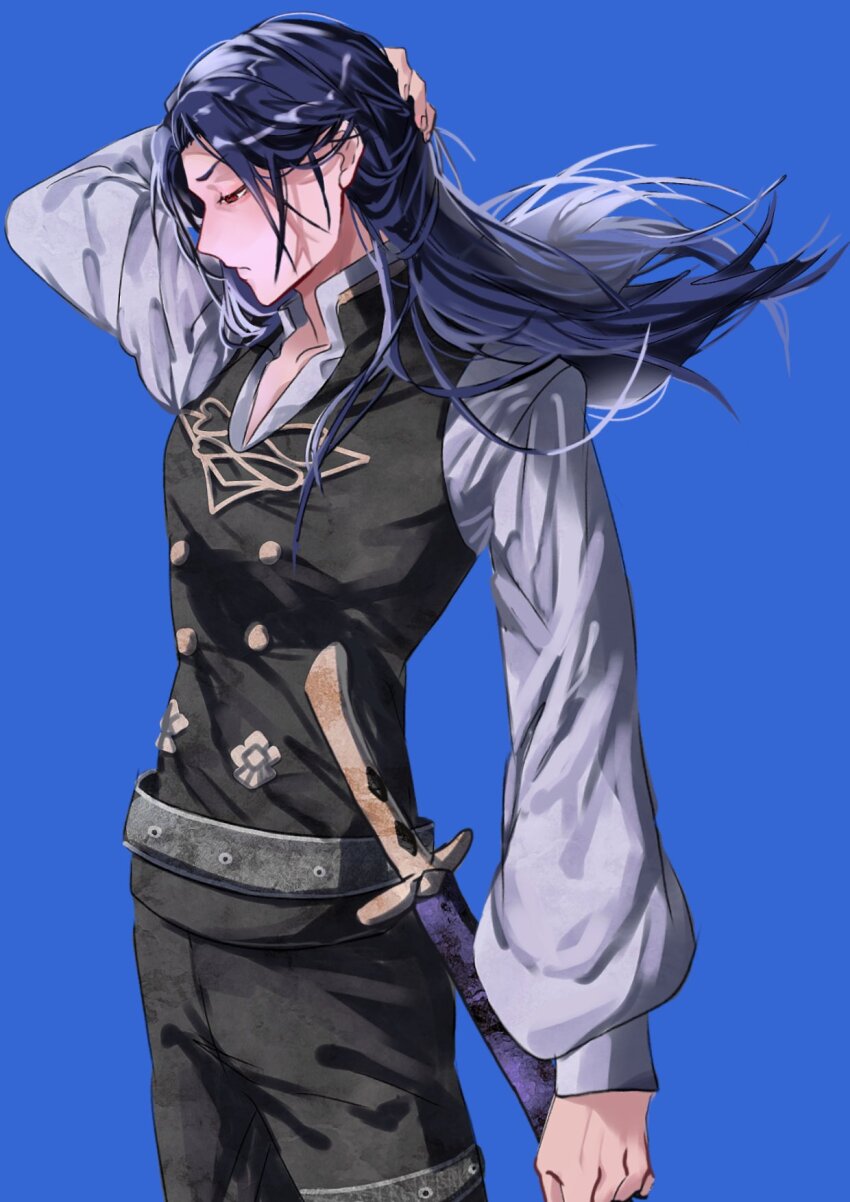 1boy akitsu_123 alternate_hairstyle arm_behind_head arm_up belt black_pants black_vest blue_background blue_hair closed_mouth collared_shirt commentary_request felix_hugo_fraldarius fire_emblem fire_emblem:_three_houses floating_hair frown garreg_mach_monastery_uniform hair_behind_ear hand_on_own_head highres long_hair long_sleeves looking_down male_focus nintendo open_collar orange_eyes pants popped_collar profile school_uniform shirt simple_background solo sword vest weapon white_shirt