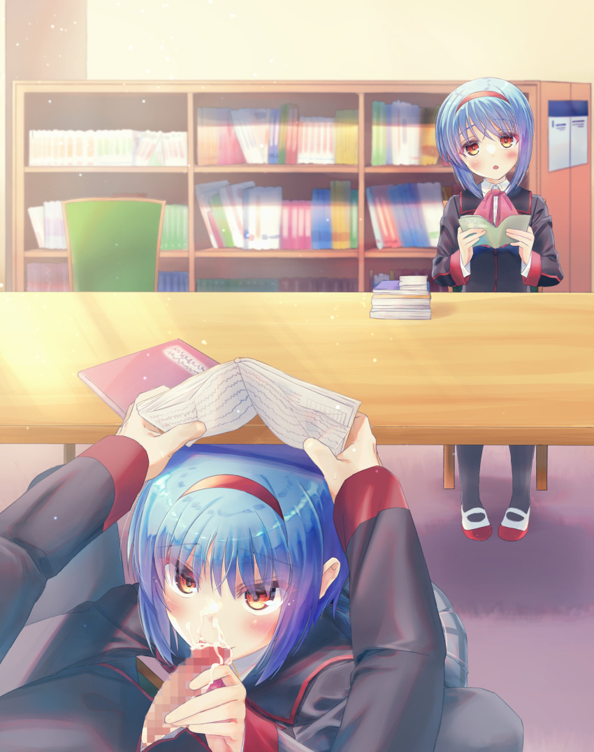 1boy 2girls absurdres black_jacket black_socks blue_hair blush book bookshelf bow censored commentary_request commission covering_head crossed_bangs cum cum_in_mouth cum_in_nose cum_on_body cum_on_penis eyes_visible_through_hair facial fellatio hair_between_eyes hairband hetero highres holding holding_book indoors jacket little_busters! little_busters!_school_uniform long_sleeves looking_at_viewer mary_janes mosaic_censoring multiple_girls natsuoto_rito nishizono_midori nishizono_mio open_book open_mouth oral orange_eyes penis pink_bow pov public_indecency red_hairband school_uniform shoes short_hair sidelighting sitting skeb_commission socks stealth_fellatio stealth_sex sweat under_table upturned_eyes uwabaki white_footwear