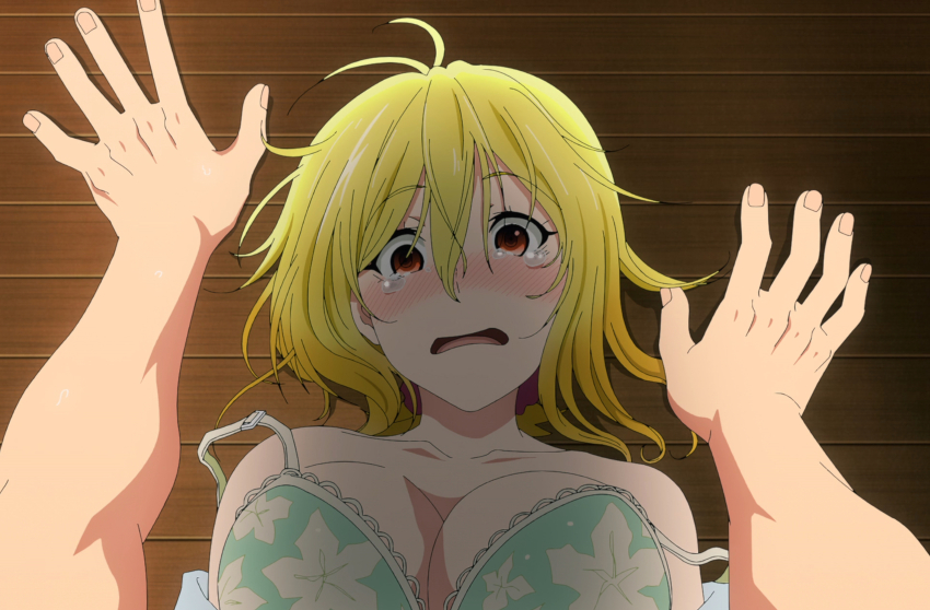 1boy 1girl akagami_akemitsu anime_screenshot aoba_tsukuyo blonde_hair blush bra breasts cleavage collarbone floor green_bra hair_between_eyes highres large_breasts looking_at_viewer off_shoulder on_floor pov red_eyes stitched tearing_up temple_(series) third-party_edit underwear yukadon