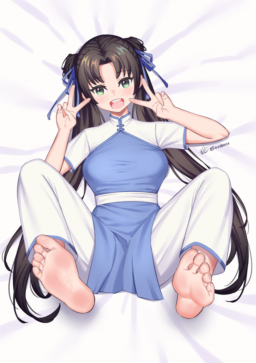 1girl absurdres barefoot black_hair chinese_clothes double_v feet green_eyes highres long_hair looking_at_viewer open_mouth soles toes twintails v xianjian_qixia_zhuan zhao_linger