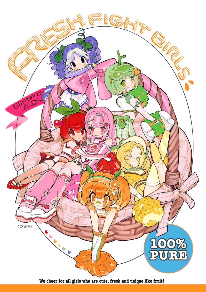 6+girls arm_warmers basket blonde_hair cheerleader cherry commentary english_commentary english_text fingerless_gloves food food-themed_hair_ornament fruit fruit_hair_ornament gloves grapes green_hair hair_ornament hair_ribbon hat highres hug in_basket in_container leg_warmers lemon medium_hair melon mini_person minigirl multiple_girls orange_(fruit) orange_hair original pink_hair plaid_clothes plaid_skirt pleated_skirt pom_pom_(cheerleading) purple_hair red_hair ribbon shoes short_hair simple_background skirt soreeyu_(sore-yu) strawberry twintails visor_cap white_background