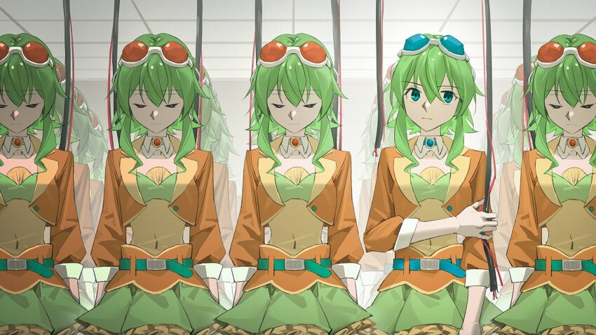 6+girls arms_at_sides belt blue_belt brooch cable clone closed_eyes commentary_request cropped_jacket detached_collar goggles goggles_on_head green_belt green_eyes green_hair green_skirt gumi gumi_(sv) highres holding_own_arm jacket jewelry looking_at_viewer looking_down midriff multiple_girls orange_jacket reflection short_hair skirt vocaloid wounds404