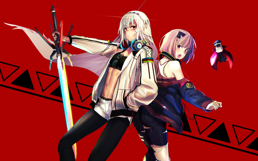 2girls altera_(fate) ass back bare_shoulders black_legwear dark_skin dark-skinned_female fate/grand_order fate_(series) floating full-body_tattoo hand_in_pocket headphones headphones_around_neck helena_blavatsky_(fate) highres holding holding_sword holding_weapon i-pan jacket looking_at_viewer multiple_girls navel open_mouth purple_eyes purple_hair red_eyes short_hair shorts sword tattoo torn_clothes veil weapon white_hair
