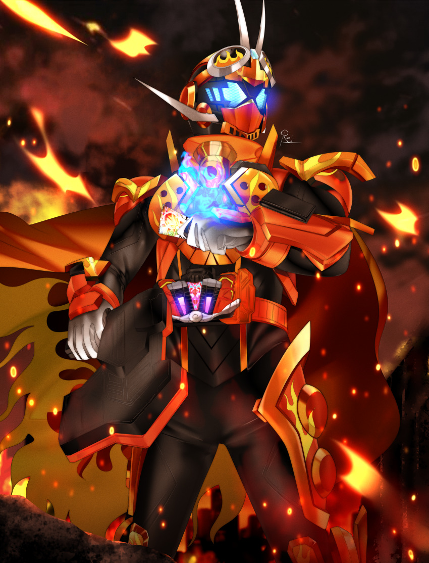 1boy absurdres antennae armor black_bodysuit blue_eyes bodysuit cape commission commissioner_upload fiery_background fire flame_print gloves glowing glowing_eyes highres kamen_rider kamen_rider_gotchard_(series) kamen_rider_gotchard_daybreak non-web_source orange_armor reiei_8 white_gloves