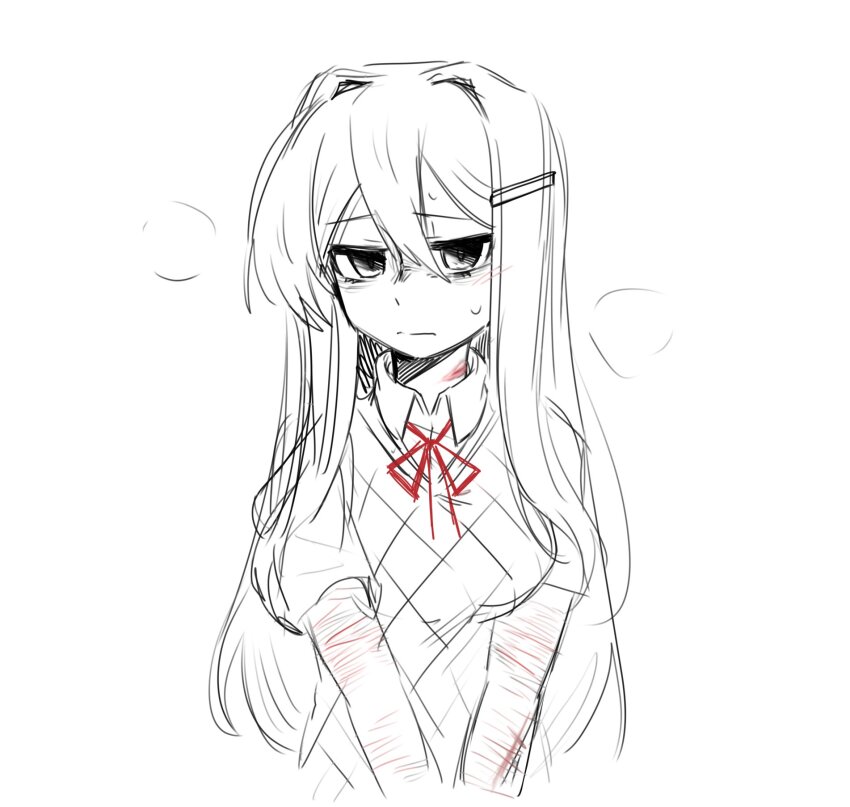 1girl bags_under_eyes blood blush breasts bruise bruise_on_neck cuts doki_doki_literature_club hair_between_eyes hair_intakes hair_ornament hairclip injury long_hair red_ribbon ribbon scar school_uniform short_sleeves solo ting_mong yuri_(doki_doki_literature_club)