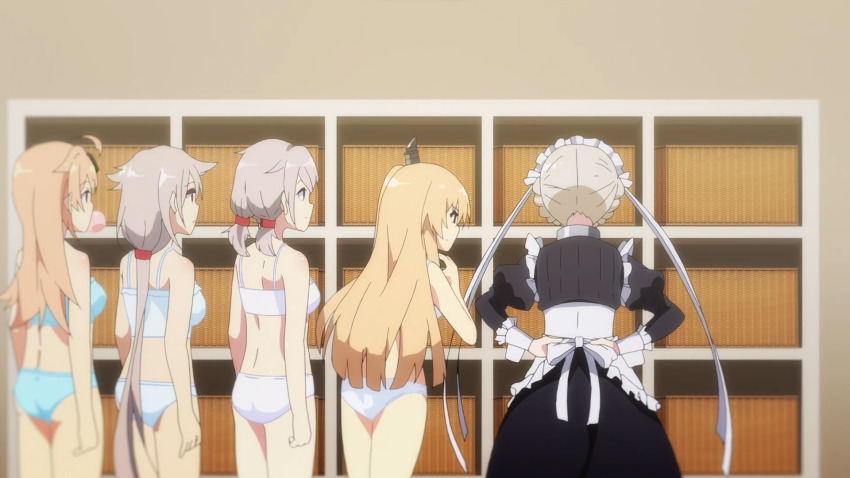 5girls apron azur_lane blonde_hair blue_bra blue_eyes blue_panties bra changing_room cleveland_(azur_lane) columbia_(azur_lane) denver_(azur_lane) highres maid maid_apron maid_headdress maid_unfiorm montpelier_(azur_lane) multiple_girls panties red_eyes red_hair_tie screencap sheffield_(azur_lane) underwear underwear_only white_bra white_panties