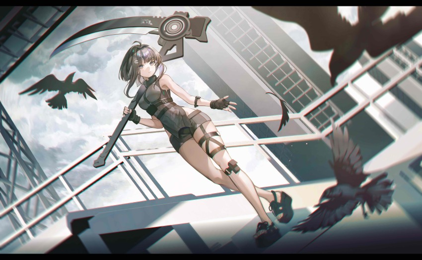 1girl absurdres ahoge animal arknights bare_shoulders bird black_gloves black_sandals black_shorts breasts brown_eyes brown_hair crow day dutch_angle fingerless_gloves full_body gloves hair_intakes hair_ornament hairclip highres holding holding_weapon huge_weapon la_pluma_(arknights) letterboxed medium_breasts outdoors parted_lips platform_sandals railing sandals scythe short_hair short_shorts shorts sleeveless solo thigh_strap underbust walking weapon weizhi