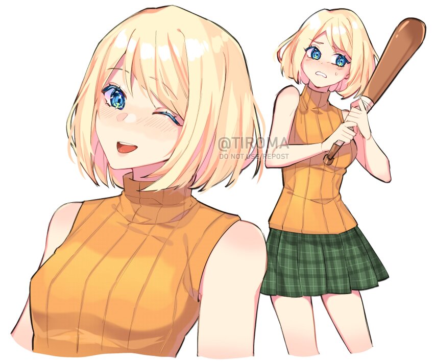 1girl absurdres ashley_graham bare_arms bare_shoulders baseball_bat blonde_hair blue_eyes bob_cut breasts clenched_teeth cowboy_shot green_skirt highres holding holding_baseball_bat light_blush medium_breasts multiple_views one_eye_closed open_mouth orange_shirt plaid_clothes plaid_skirt pleated_skirt resident_evil resident_evil_4 resident_evil_4_(remake) shirt short_hair skirt sleeveless sleeveless_turtleneck smile solo sweatdrop teeth tiroma turtleneck twitter_username upper_body white_background