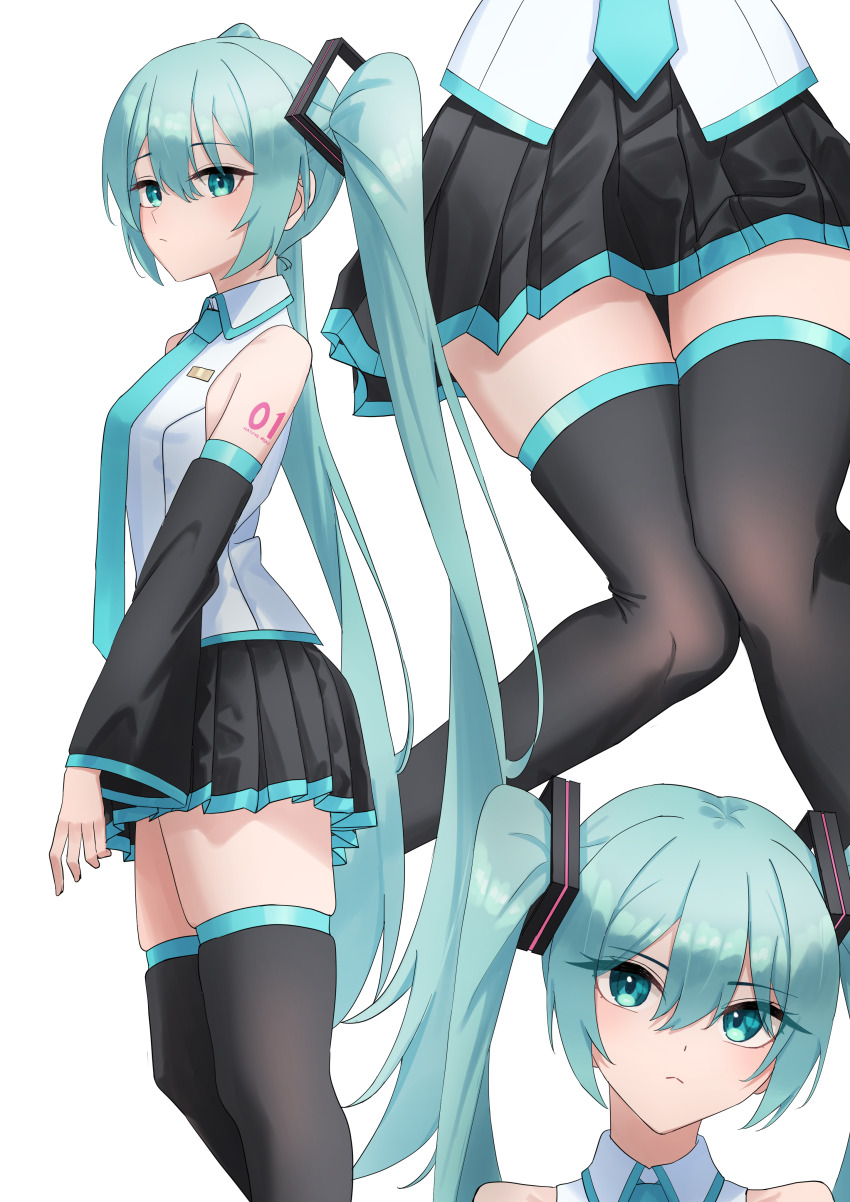 1girl absurdres amaama_(beccyonaika1) aqua_eyes aqua_hair aqua_necktie black_skirt black_thighhighs closed_mouth detached_sleeves hair_between_eyes hair_ornament hatsune_miku highres long_hair long_sleeves looking_at_viewer miniskirt necktie pleated_skirt shirt simple_background skirt sleeveless sleeveless_shirt thighhighs twintails very_long_hair vocaloid white_background white_shirt wide_sleeves zettai_ryouiki