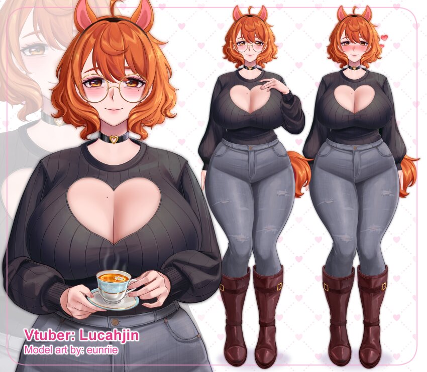 1girl absurdres ahoge animal_ears black_choker boots breasts brown_boots choker cleavage cleavage_cutout closed_mouth clothing_cutout commentary cup denim english_commentary english_text full_body glasses grid_background hair_between_eyes hairband heart heart_background heart_choker heart_cutout highres holding holding_cup holding_saucer huge_breasts indie_virtual_youtuber long_sleeves lucahjin_(character) medium_hair mole mole_on_breast mole_under_eye multiple_views orange_eyes orange_hair pants pocket ribbed_sweater saucer shadow sparkle standing straight-on sweater tareme teacup thick_thighs thighs torn_clothes torn_pants upper_body white_background yami_(eunriie) yellow-framed_eyewear zoom_layer