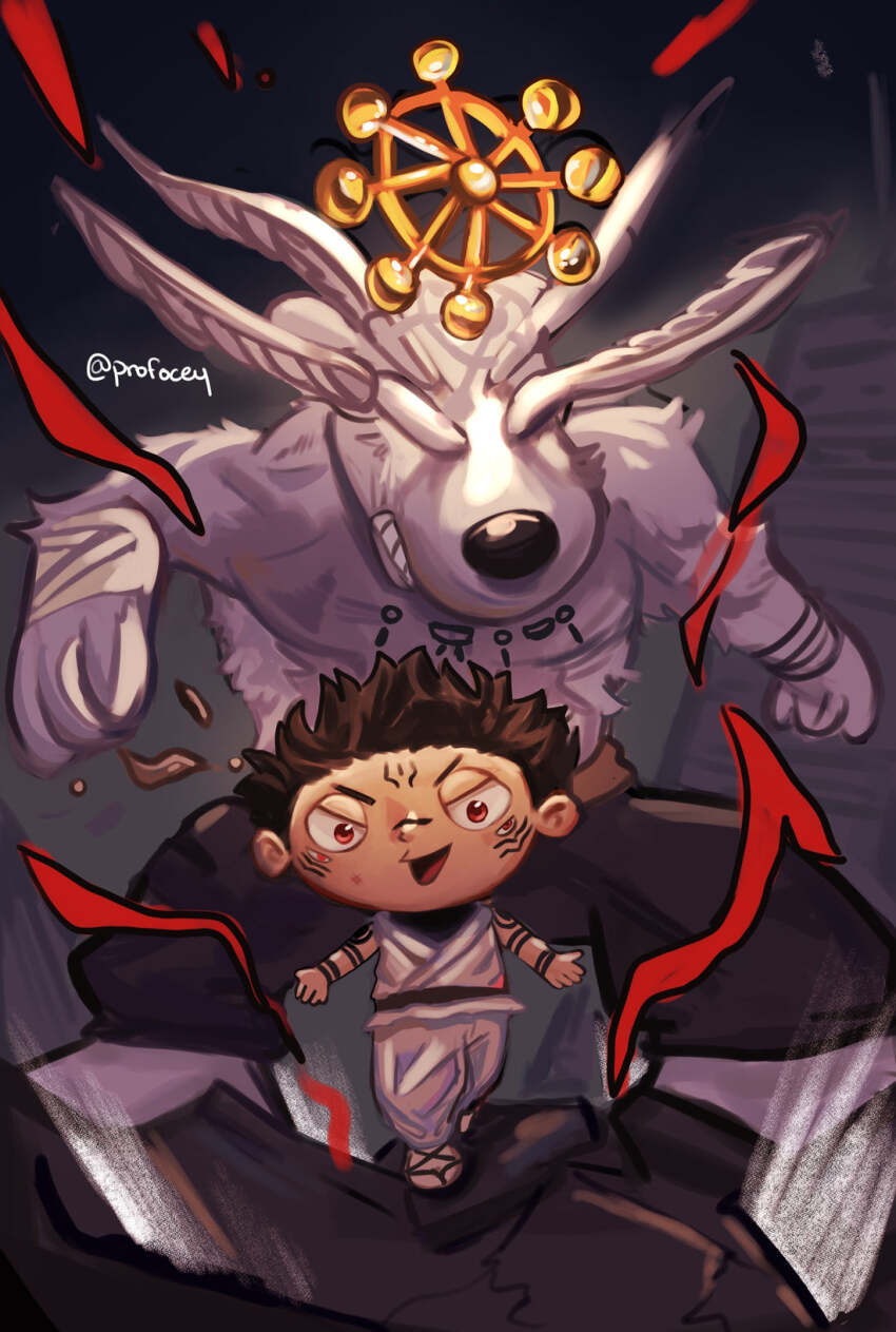 artist_name black_hair brian_griffin cosplay extra_eyes facial_mark family_guy four_eyes highres jujutsu_kaisen mahoraga_(jujutsu_kaisen) mahoraga_(jujutsu_kaisen)_(cosplay) male_focus open_mouth profocey red_eyes ryoumen_sukuna_(jujutsu_kaisen) ryoumen_sukuna_(jujutsu_kaisen)_(cosplay) short_hair shoulder_tattoo spiked_hair stewie_griffin tattoo