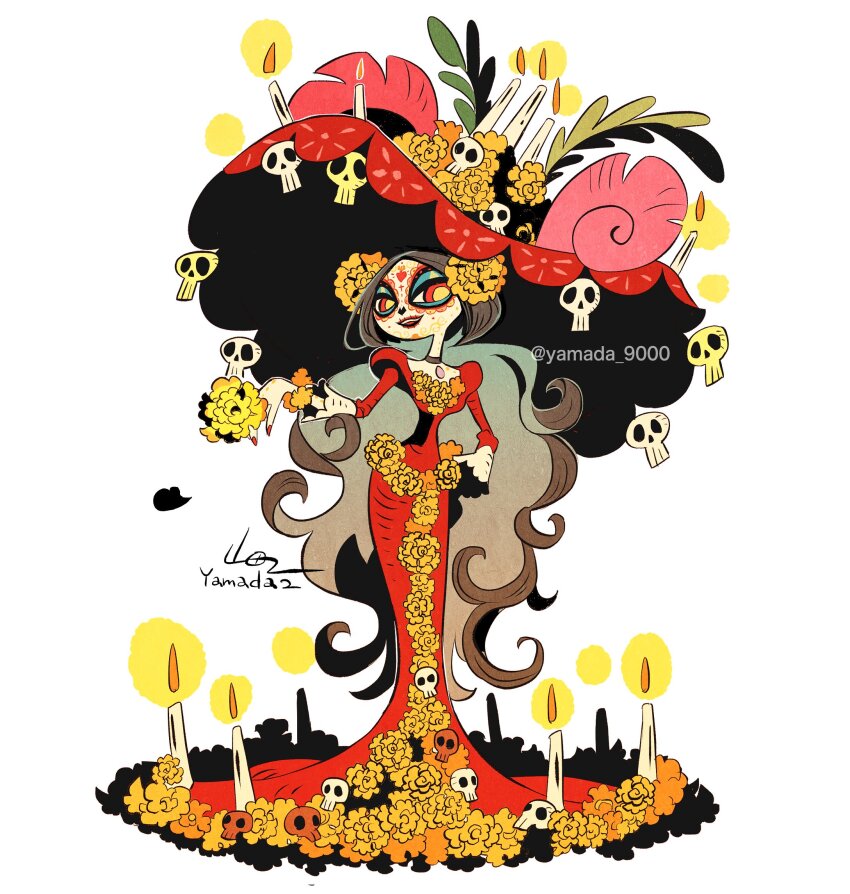 1girl black_hair candle dress hand_on_own_hip hat highres la_muerte marigold mexican_clothes mexican_dress red_dress red_hat skull solo sun_hat the_book_of_life yamada9000