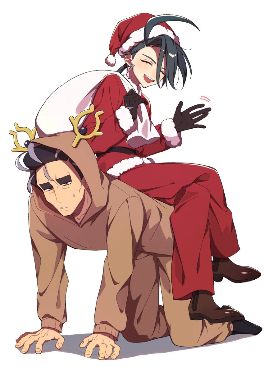 1boy 1girl :d ^_^ ahoge all_fours alternate_costume antlers black_footwear black_gloves black_hair brown_eyes brown_footwear closed_eyes cosplay crossed_legs ear_piercing earrings facing_viewer from_side full_body fur-trimmed_headwear fur-trimmed_jacket fur-trimmed_sleeves fur_trim gen_2_pokemon gloves green_hair hat highres holding holding_sack hood hood_up horns jacket jewelry kigurumi larry_(pokemon) looking_at_viewer multicolored_hair nintendo open_mouth pants piercing pokemon pokemon_sv ponytail red_headwear red_jacket red_pants rika_(pokemon) sack santa_costume santa_hat shoes short_hair simple_background sitting sitting_on_person smile stantler stantler_(cosplay) streaked_hair sweatdrop swept_bangs thick_eyebrows tomato_0429 waving white_background