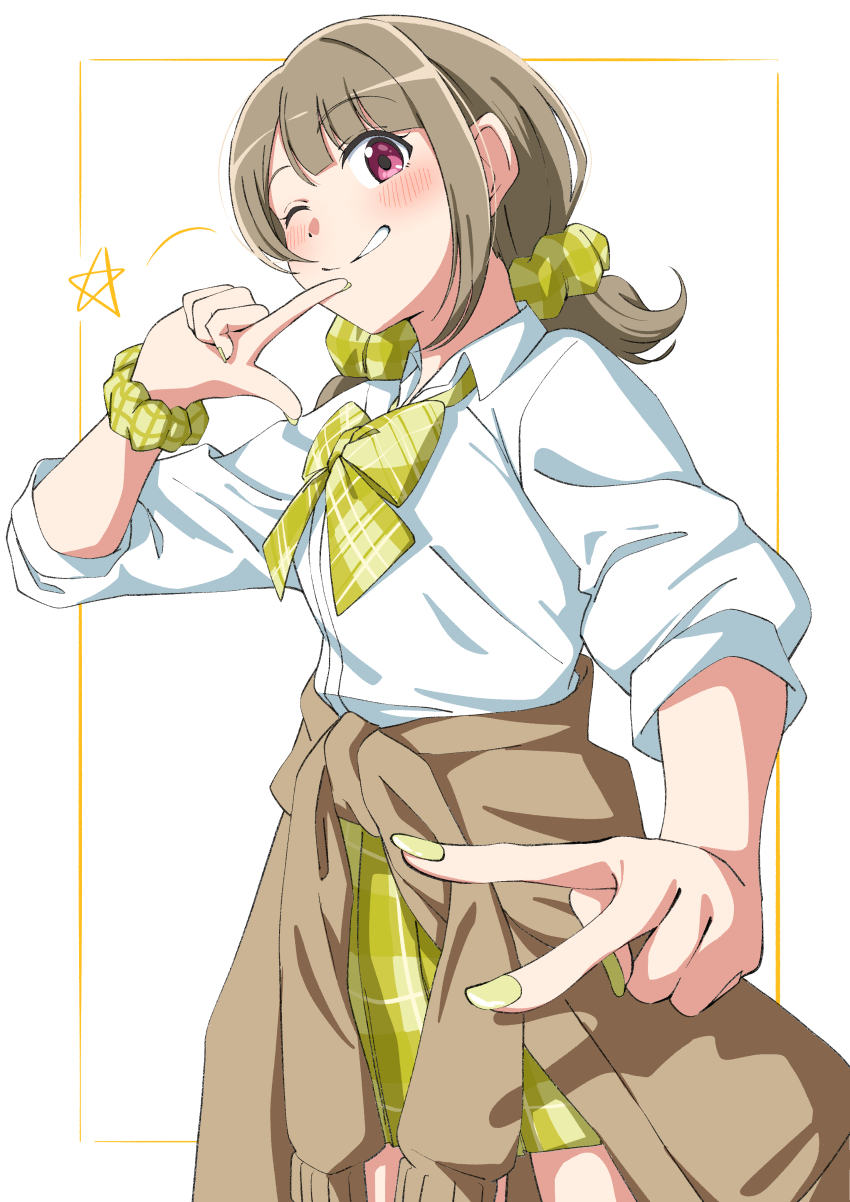 1girl absurdres blush bow bowtie brown_cardigan brown_hair cardigan cardigan_around_waist clothes_around_waist collared_shirt commentary cowboy_shot dress_shirt finger_gun grin gyaru gyarugasaki hair_ornament hair_scrunchie highres kogal looking_at_viewer loose_bowtie love_live! love_live!_nijigasaki_high_school_idol_club low_twintails medium_hair miniskirt nakasu_kasumi official_alternate_costume one_eye_closed parted_lips plaid_bow plaid_bowtie plaid_clothes plaid_scrunchie plaid_skirt pleated_skirt scrunchie shirt short_twintails simple_background skirt smile solo split_mouth twintails uchuu_no_mozuku v white_background white_shirt wrist_scrunchie yellow_bow yellow_bowtie yellow_scrunchie yellow_skirt