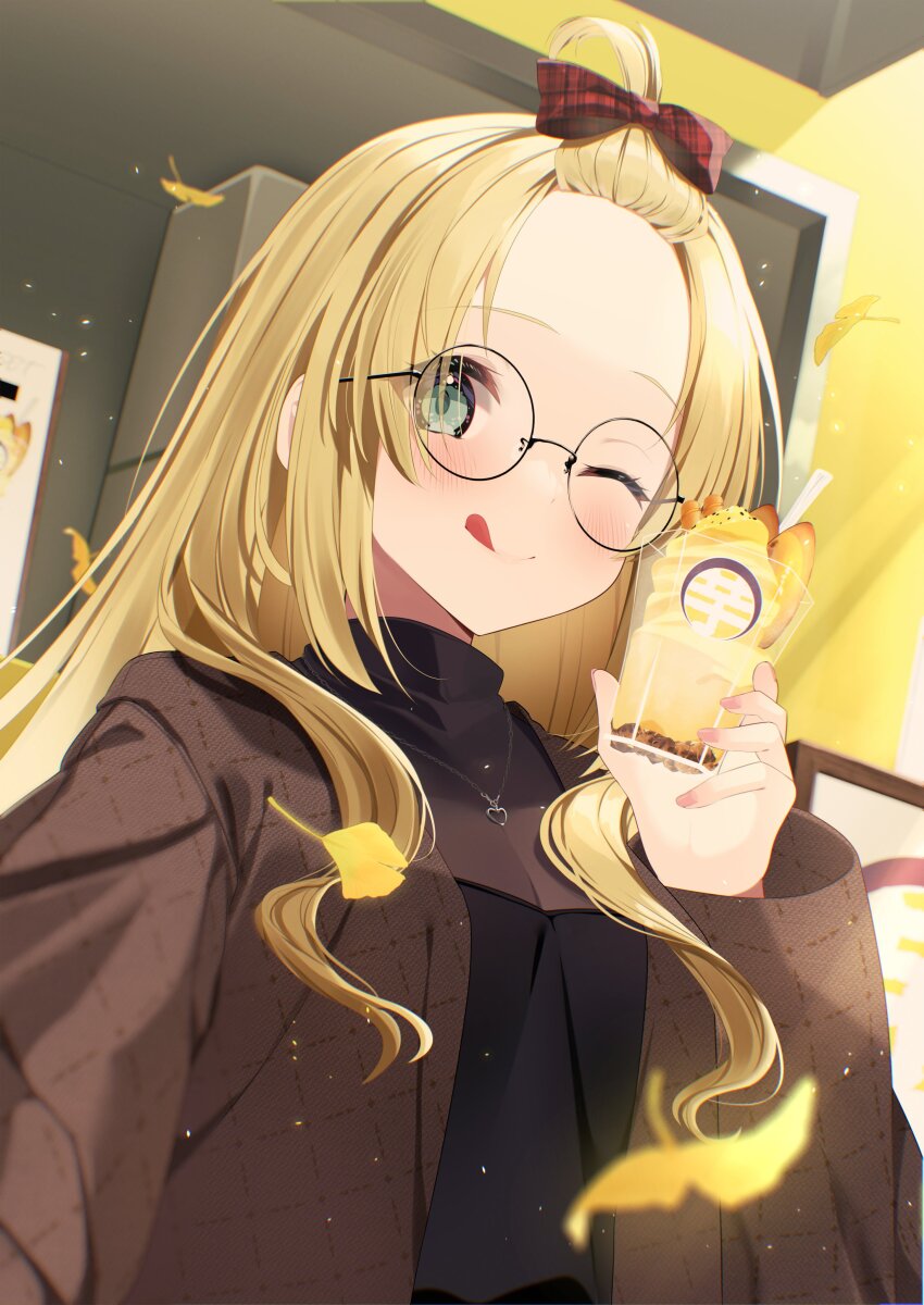 1girl ;q absurdres aqua_eyes bangs_pinned_back black-framed_eyewear black_sweater blonde_hair blush borumete bow breasts brown_jacket closed_mouth falling_leaves food food_request forehead glasses hair_bow hand_up heart heart_necklace highres holding holding_food jacket jewelry leaf long_hair long_sleeves looking_at_viewer medium_breasts necklace one_eye_closed original plaid_bow red_bow round_eyewear sidelocks smile solo sweater tongue tongue_out upper_body