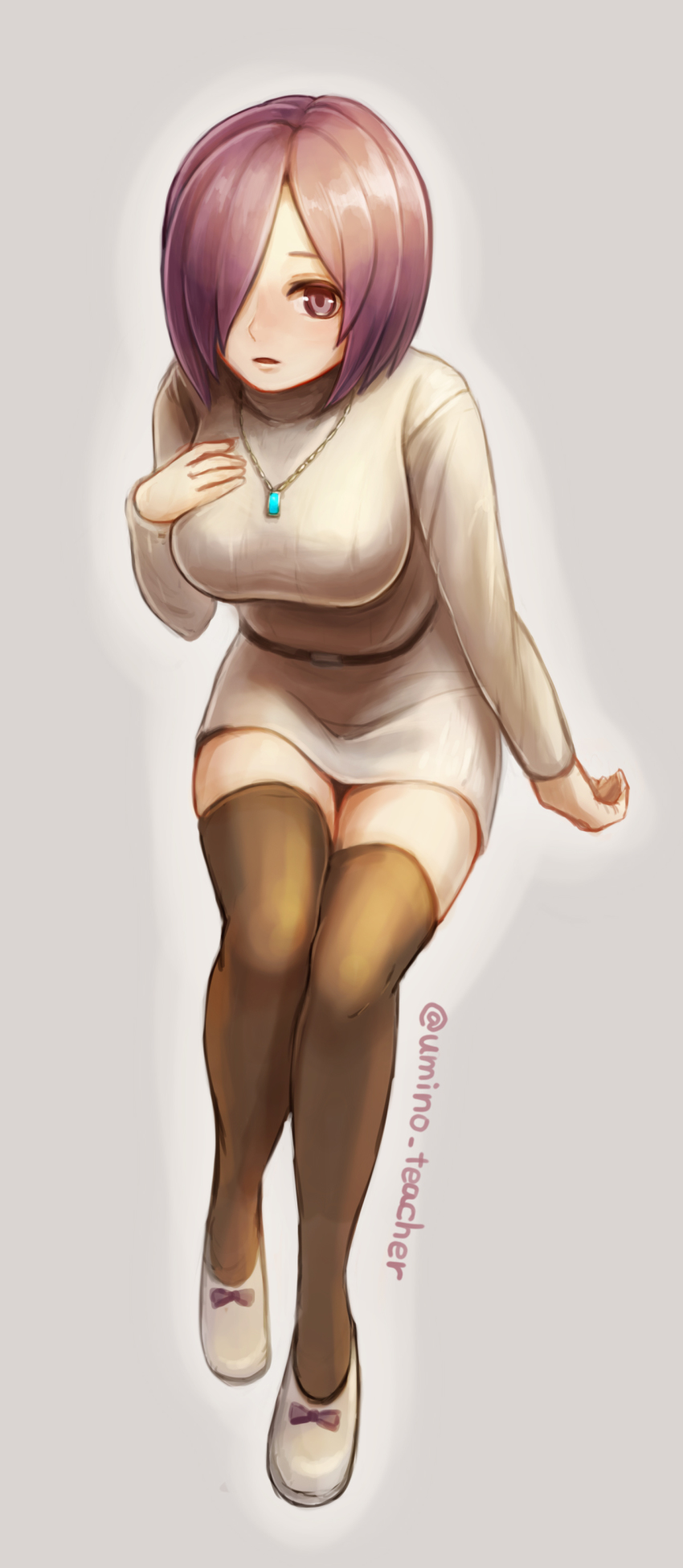 1girl absurdres black_thighhighs breasts dress female_focus full_body hair_over_one_eye highres jewelry large_breasts necklace open_mouth pop-up_story purple_eyes purple_hair short_hair solo sweater sweater_dress thighhighs umino_kiri ursula_raiment