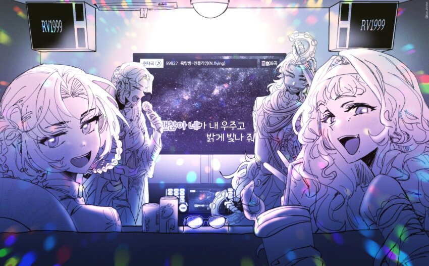 1boy 3girls :d blue_theme braid braided_hair_rings can closed_eyes coat cup disposable_cup drink_can drinking_straw glasses hair_rings hand_up highres holding holding_cup holding_instrument holding_microphone instrument kaalaa_baunaa kanjira karaoke karaoke_box kim_8thhh korean_text long_hair looking_at_viewer looking_back lyrics matilda_bouanich matilda_bouanich_(the_genius&#039;s_holiday) mechanical_arms microphone monochrome multiple_girls music open_mouth prosthesis prosthetic_arm reverse:1999 shamane shirt singing single_mechanical_arm smile sweat tambourine teeth television turning_head twin_braids unworn_eyewear upper_teeth_only v