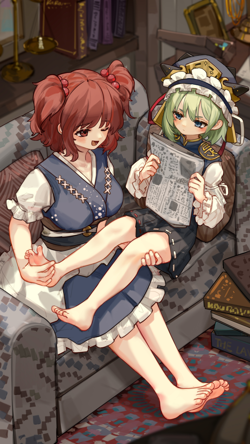 2girls absurdres barefoot black_skirt blue_eyes feet frills green_hair hair_bobbles hair_ornament hat highres kourou_(kouroukun) long_sleeves multiple_girls onozuka_komachi open_mouth red_hair shiki_eiki skirt soles toes touhou two_side_up