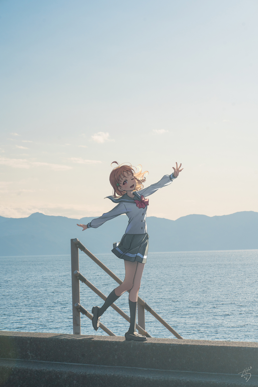 absurdres ahoge arm_up blue_sky cloud cloudy cloudy_sky highres hotechige ledge loafers love_live! love_live!_sunshine!! necktie numazu ocean one_eye_closed open_mouth orange_hair outdoors photo_background railing real_life realistic sailor_collar scenery school_uniform serafuku shoes skirt sky smile stairs takami_chika thighs uranohoshi_school_uniform water wavy_hair