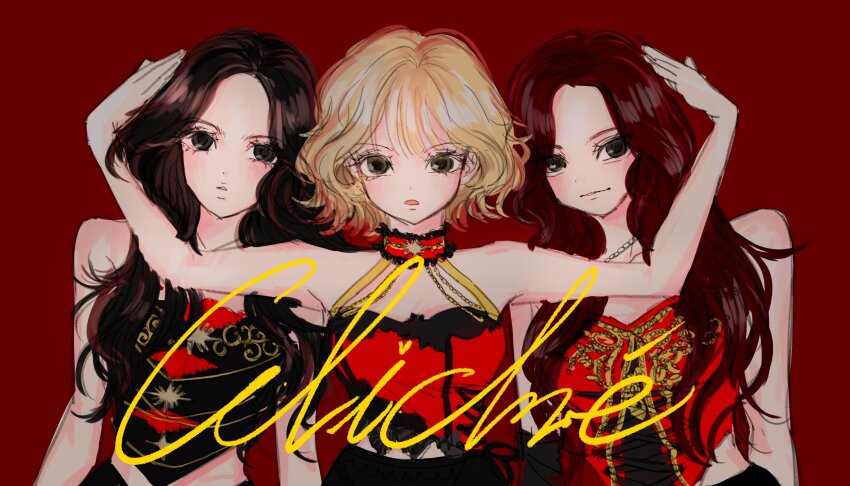 3girls absurdres blonde_hair brown_hair choker closed_mouth eunha_(gfriend) halterneck hashtag-only_commentary highres k-pop long_hair looking_at_viewer multiple_girls outstretched_arms parted_lips real_life red_background red_hair short_hair sinb_(gfriend) smile song_name umji_(gfriend) upper_body viviz zipgagozip1