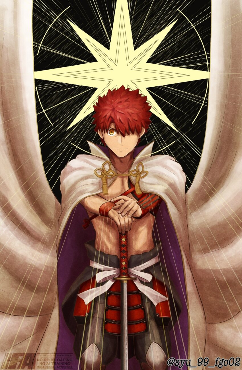 1boy artist_name brown_eyes cape emiya_shirou fate/grand_order fate_(series) hair_over_one_eye highres holding holding_sword holding_weapon male_focus red_hair senji_muramasa_(fate) signature single_bare_shoulder solo sword syu_99_fgo02 twitter_username weapon white_cape