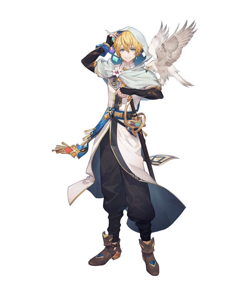 1boy animal_on_arm arm_up ascot atelier_(series) atelier_resleriana baggy_pants belt bird bird_on_arm black_gloves black_pants blonde_hair blue_eyes brown_belt capelet coat diamond_earrings earrings elbow_gloves fingerless_gloves flower full_body gloves hair_between_eyes hand_up highres hood hood_up hooded_capelet jewelry looking_at_viewer male_focus official_art orange_ascot pants roman_kalman sheath sheathed short_hair simple_background solo standing sword transparent_background umiu_geso weapon white_coat white_flower