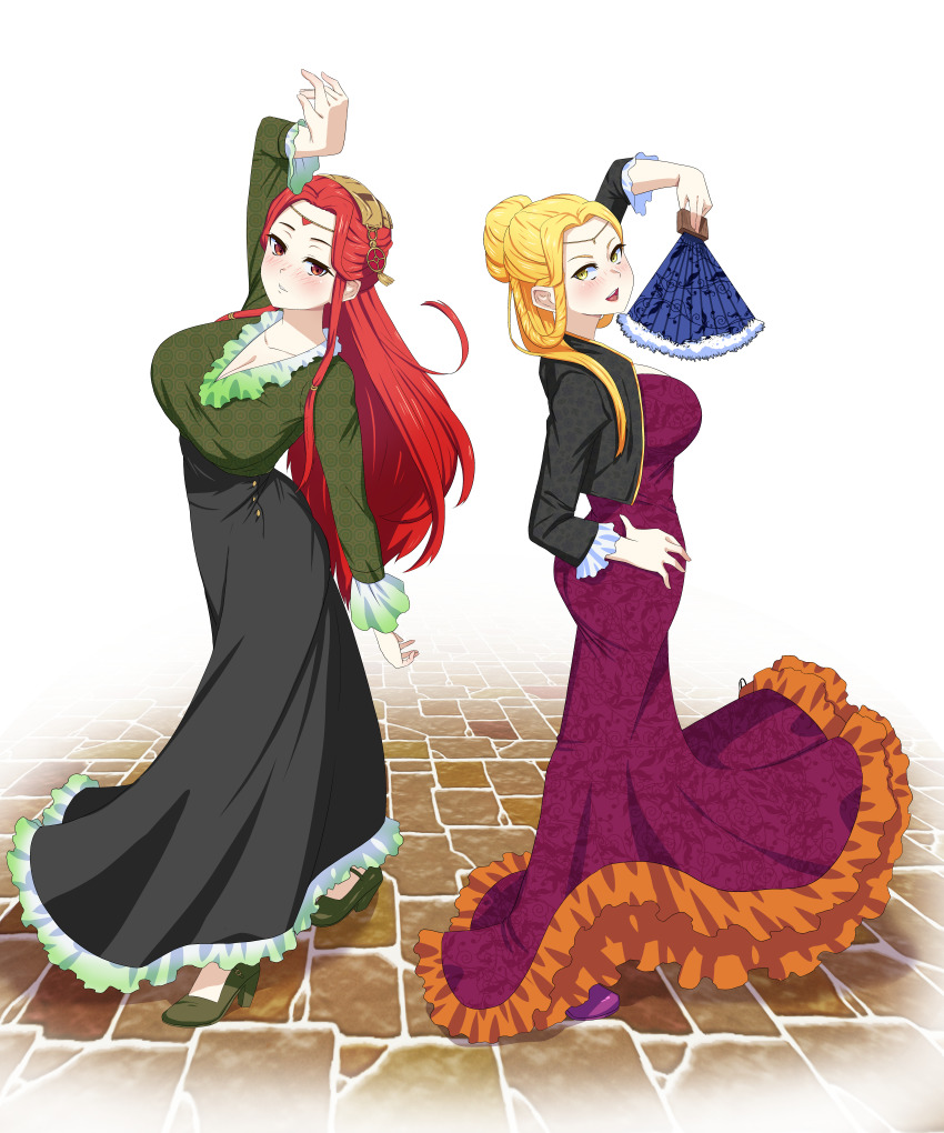 2girls absurdres blonde_hair breasts cleavage fire_emblem fire_emblem:_the_blazing_blade fire_emblem:_the_sacred_stones flamenco hellene_(fire_emblem) highres ismaire_(fire_emblem) looking_at_viewer multiple_girls nintendo red_eyes red_hair