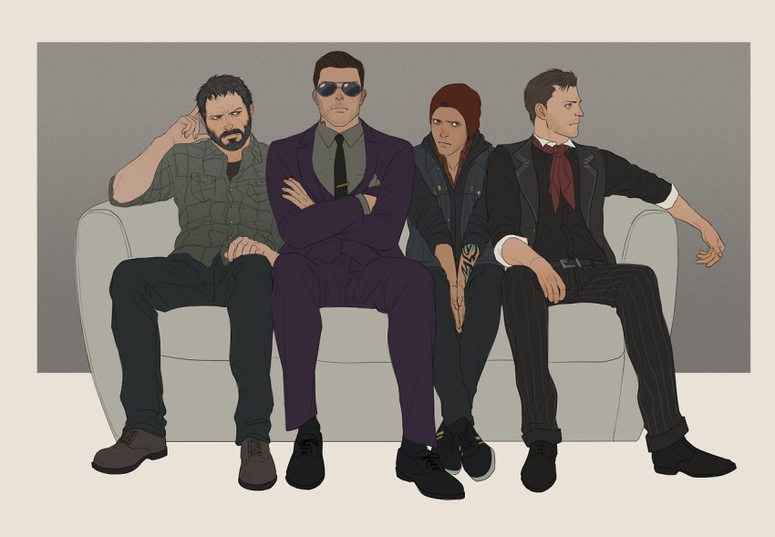4boys beanie beard bioshock bioshock_(series) bioshock_infinite black_hair booker_dewitt boss_(saints_row) brown_hair crossed_arms crossover delsin_rowe facial_hair formal_clothes gb_(doubleleaf) hat infamous joel_(the_last_of_us) male_focus multiple_boys necktie saints_row scarf suit sunglasses tattoo the_last_of_us the_last_of_us_(series) troy_baker voice_actor_connection