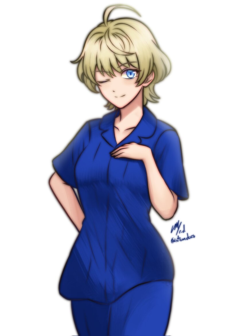 1girl ahoge blonde_hair blue_eyes blue_pajamas breasts fire_emblem fire_emblem_engage hand_on_own_chest highres looking_at_viewer medium_breasts merrin_(fire_emblem) nintendo one_eye_closed pajamas rotomdocs short_hair smile solo upper_body