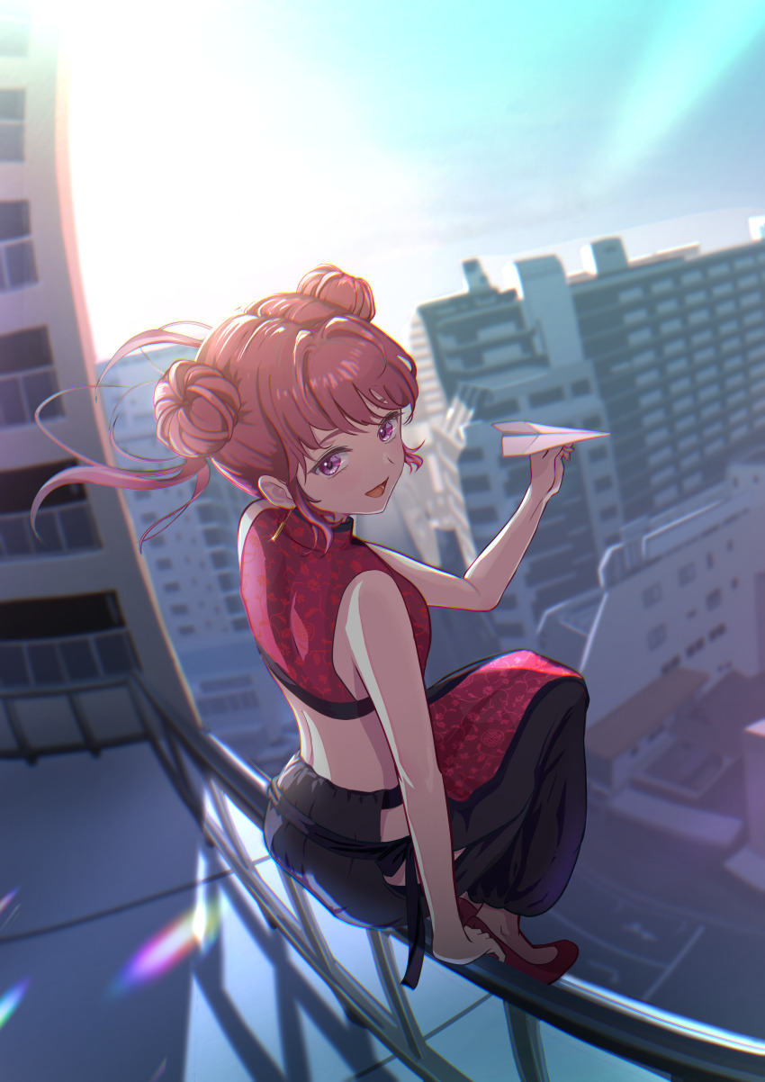 1girl :d absurdres back baggy_pants bare_shoulders black_pants breasts china_dress chinese_clothes city commentary_request day double_bun dress earrings from_behind full_body gold_earrings hair_bun hand_on_railing highres hip_vent holding holding_paper_airplane jewelry looking_back nap_on_a_cloud on_railing on_rooftop open_mouth original outdoors pants paper_airplane pelvic_curtain purple_eyes railing red_hair red_shoes rooftop shoes short_hair sitting sleeveless smile solo urban