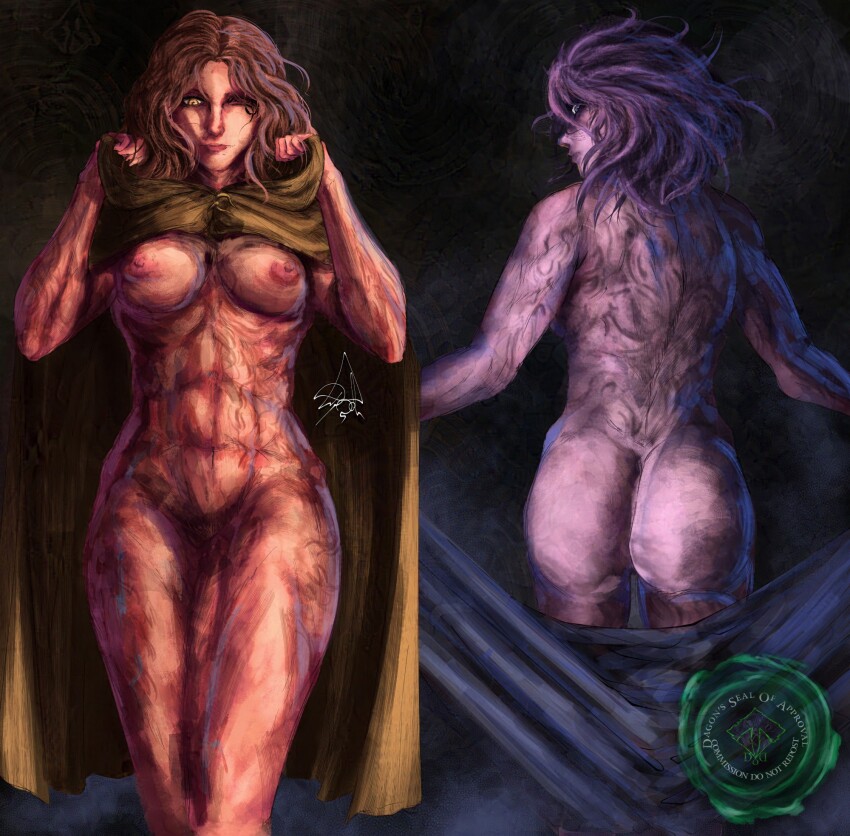 abs ass back_muscles breasts brown_hair burn_scar cloak deep_one_dagon elden_ring highres hood hooded_cloak looking_back looking_down melina_(elden_ring) muscular muscular_female purple_eyes purple_hair scar signature thighs yellow_eyes