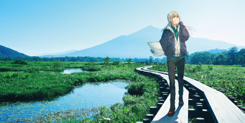 airgetlam_(fate) bedivere_(fate) bedivere_(under_the_same_sky)_(fate) collarbone collared_shirt denim fate/grand_order fate/stay_night fate_(series) full_body green_eyes grey_hair highres jeans map official_art pants photo_background shirt shoes sneakers solo tenkuu_sphere