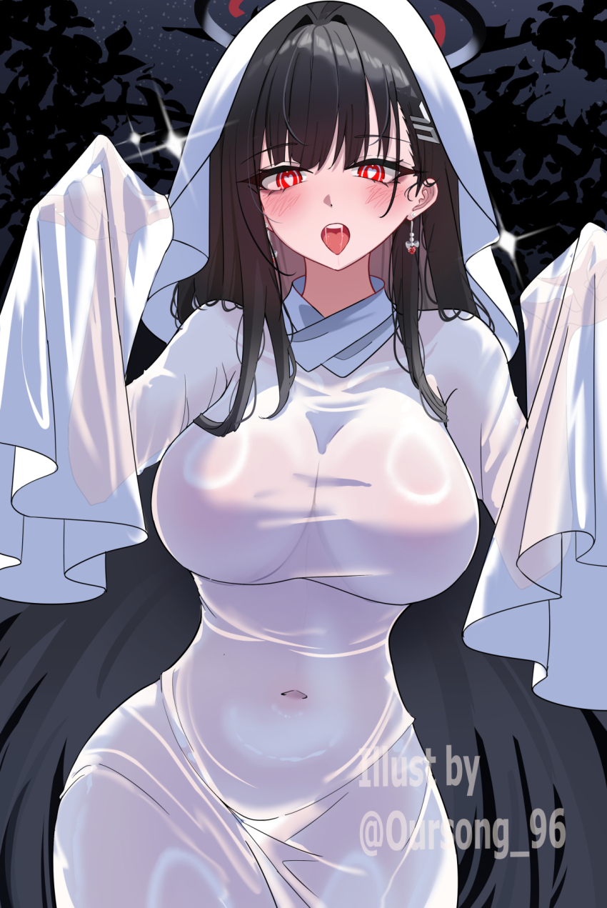 1girl black_hair blue_archive blush breasts commentary_request covered_navel earrings ghost_costume hair_ornament hairclip halo heart heart-shaped_pupils highres jewelry large_breasts long_hair looking_at_viewer night night_sky open_mouth oursong_(kiam_pis) red_eyes ringed_eyes rio_(blue_archive) saliva skin_tight sky solo star_(sky) starry_sky symbol-shaped_pupils teeth very_long_hair