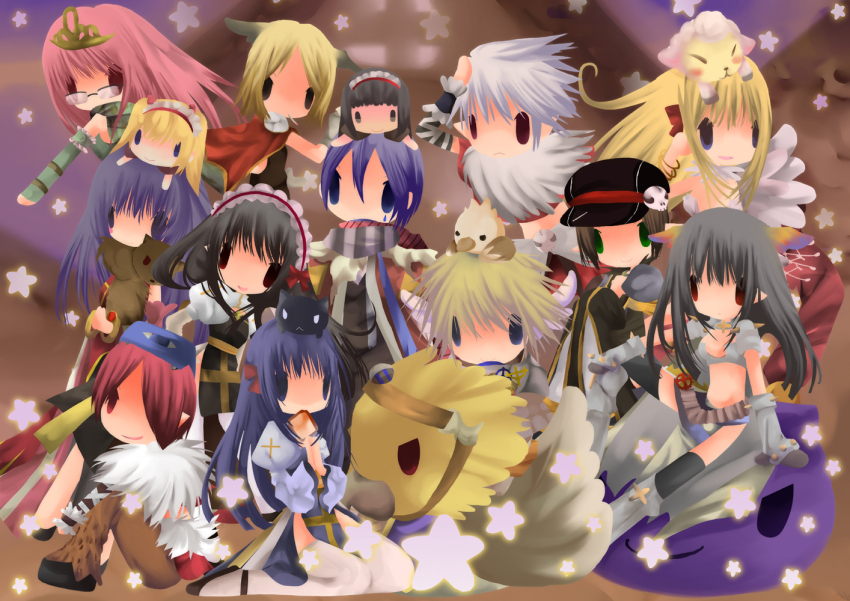 2000s_(style) 5boys 6+girls amistr_(ragnarok_online) animal animal_around_neck animal_on_head animal_print arch_bishop_(ragnarok_online) armor bikini_armor black_cat black_dress black_gloves black_hair black_hat black_scarf black_shoes black_thighhighs blonde_hair blue_dress blue_eyes book book_on_head bow bread bread_slice brown_pants newsboy_cap camouflage_scarf cape cat cat_on_head character_doll chibi chibi_only closed_mouth commentary_request creator_(ragnarok_online) cross cross_of_prontera curly_sue doll_on_head dress feathered_wings food food_in_mouth fox frilled_hairband frills full_body fur_collar gauntlets gloves green_eyes green_gloves green_scarf grey_hair griffin gryphon_(ragnarok_online) hair_bow hairband hat hat_ornament head_wings jasmine_(ragnarok_online) juliet_sleeves leopard_print long_hair long_sleeves looking_at_viewer minstrel_(ragnarok_online) mouth_hold multiple_boys multiple_girls no_lineart object_on_head on_head open_mouth orange_wings pants pauldrons pink_hair pointy_ears professor_(ragnarok_online) puffy_sleeves purple_eyes purple_hair ragnarok_online ranger_(ragnarok_online) red_bow red_cape red_dress red_eyes red_hair red_hairband red_scarf rideword_(ragnarok_online) royal_guard_(ragnarok_online) rune_knight_(ragnarok_online) sash scarf seiza shadow_chaser_(ragnarok_online) sheep shoes short_hair shoulder_armor sitting skull_hat_ornament smile solid_oval_eyes standing star_(symbol) striped_clothes striped_scarf thighhighs toast toast_in_mouth two-tone_dress wanderer_(ragnarok_online) warlock_(ragnarok_online) white_dress white_scarf white_thighhighs white_wings wings yellow_sash yu_(lilacxx)