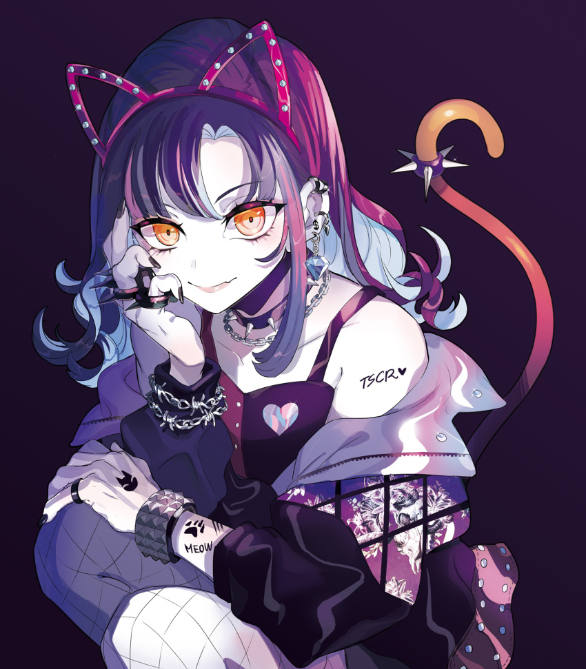 1girl animal_ear_hairband animal_ears artist_name blue_hair bracelet cat_ear_hairband cat_ears chain chain_necklace choker closed_mouth fake_animal_ears hairband highres jewelry looking_at_viewer multicolored_hair necklace orange_hair original pink_hair puppeteer7777 purple_hair smile solo spiked_choker spikes tail tattoo
