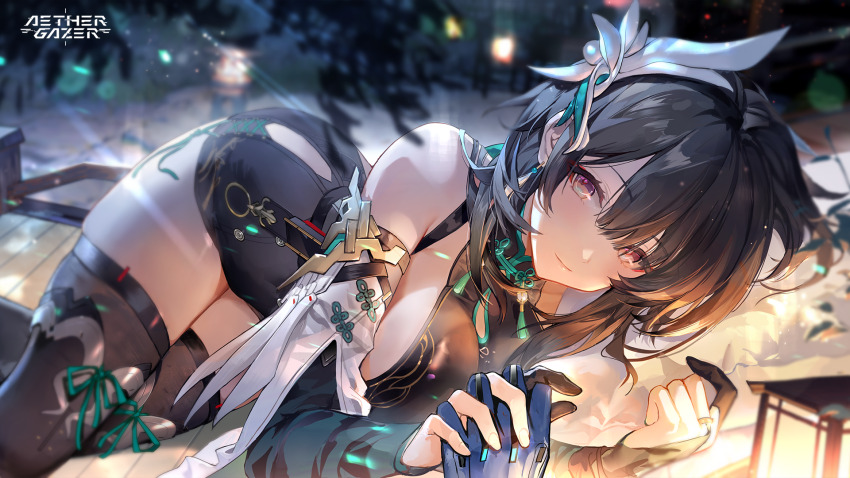 1girl aether_gazer artist_request black_hair blurry blurry_background breasts bridal_gauntlets character_request closed_mouth copyright_name green_ribbon highres interlocked_fingers lying official_art on_side pink_eyes ribbon second-party_source sideboob solo tassel thighhighs