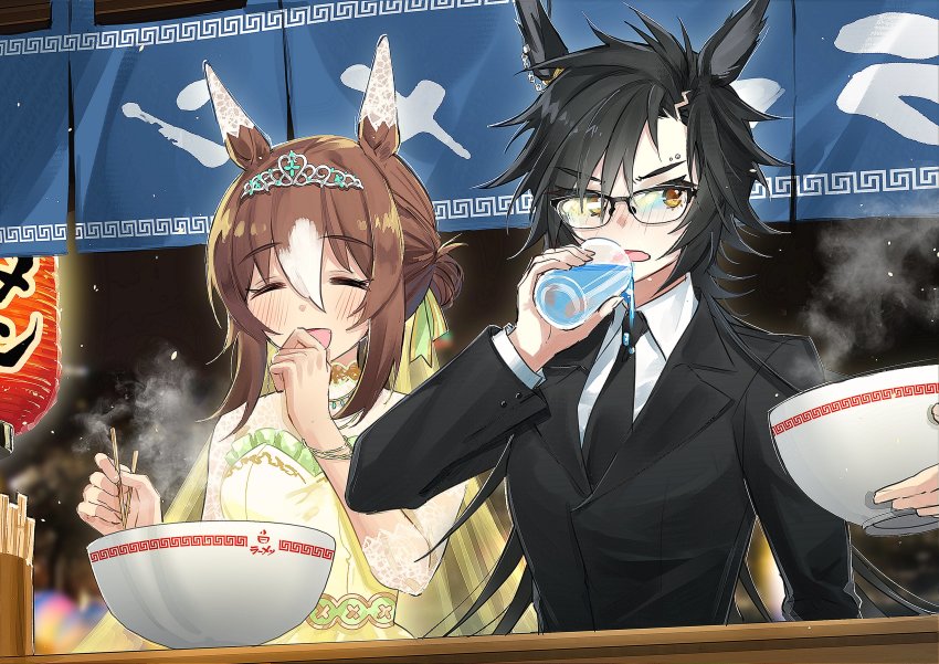 1other 2girls absurdres air_shakur_(umamusume) alternate_costume animal_ears bespectacled black_hair black_jacket black_necktie blush bowl bracelet bridal_veil bride brown_hair chopsticks collared_shirt cup dress eyebrow_piercing closed_eyes fine_motion_(titania)_(umamusume) fine_motion_(umamusume) food formal_clothes glasses hair_bun highres holding holding_cup horse_ears jacket jewelry lantern laughing long_hair long_sleeves looking_to_the_side medium_hair multicolored_hair multiple_girls necktie noodles noren nose_blush open_mouth out_of_frame paper_lantern piercing ramen semi-rimless_eyewear shidare_(youh4016) shirt skirt_hold spilling steam suit two-tone_hair umamusume v-shaped_eyebrows veil water wedding_dress white_shirt yellow_dress yellow_eyes